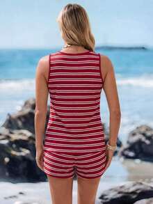 Conjunto de 2 piezas de top de tirantes con estampado de caballo blanco y shorts a rayas, adecuado para uso casual diario, primavera/verano - Multicolor 3 - Ver 3