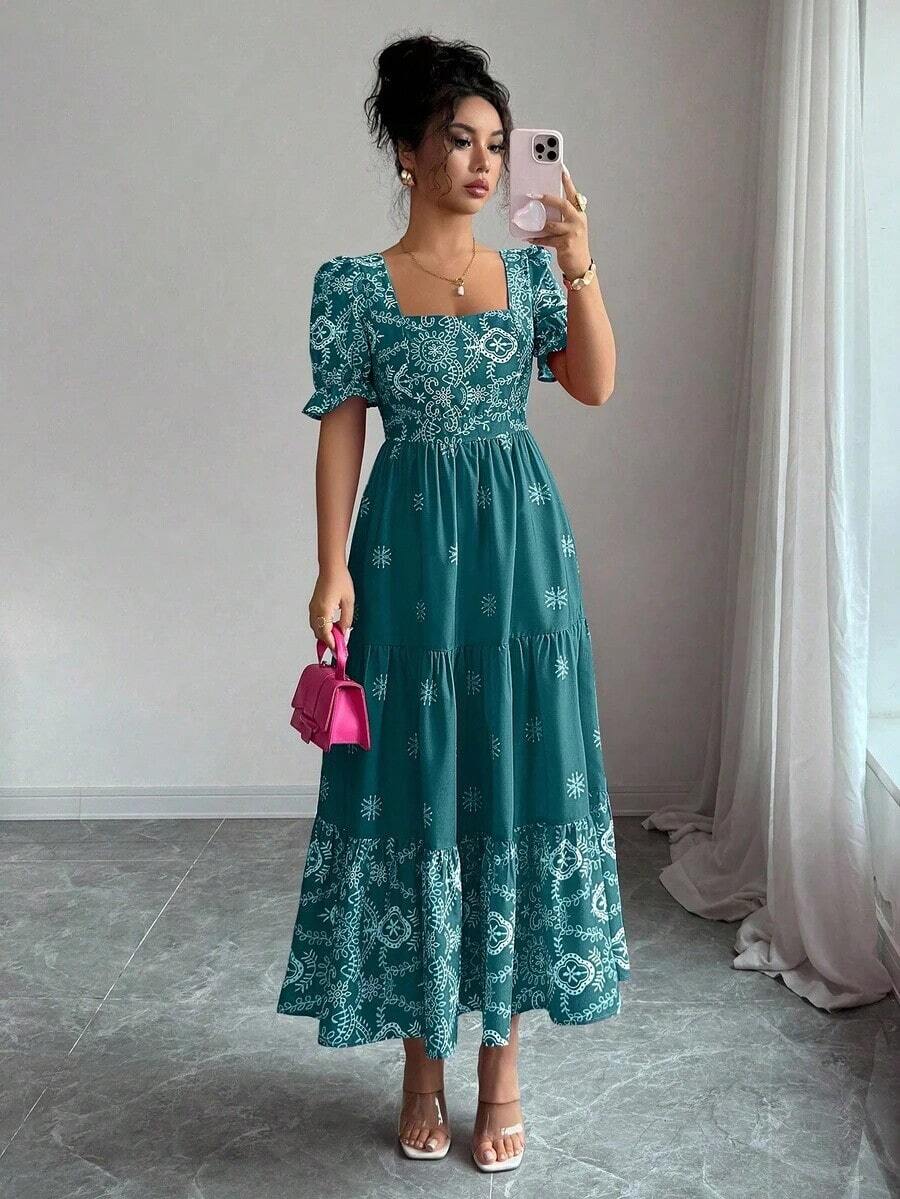 Vestido casual/de trabajo de manga corta con cuello cuadrado y cintura ceñida en línea A con estampado para mujer - Agua verde azul - Ver 1