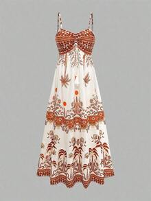 MEXGlowEve Vestido de tirantes finos con estampado y cintura anudada en forma de A para mujer, encantador, sexy y elegante para el uso diario, vacaciones, citas de moda, estilo callejero francés retro y versátil, /verano, nuevo vestido largo sin mangas de tirantes finos en azul y blancoMEX DPWJ - Color caoba - Ver 3