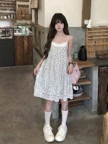 甜美碎花寬鬆復古蕾絲飾邊吊帶洋裝，百搭度假白色優雅夏季款 - 白色 - 查看 5