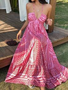 Vestido Halter Rosa para Mujer , Estilo Bohemio Romántico y Elegante para Vacaciones en la Playa, Primavera/Verano - Verde militar - Ver 9