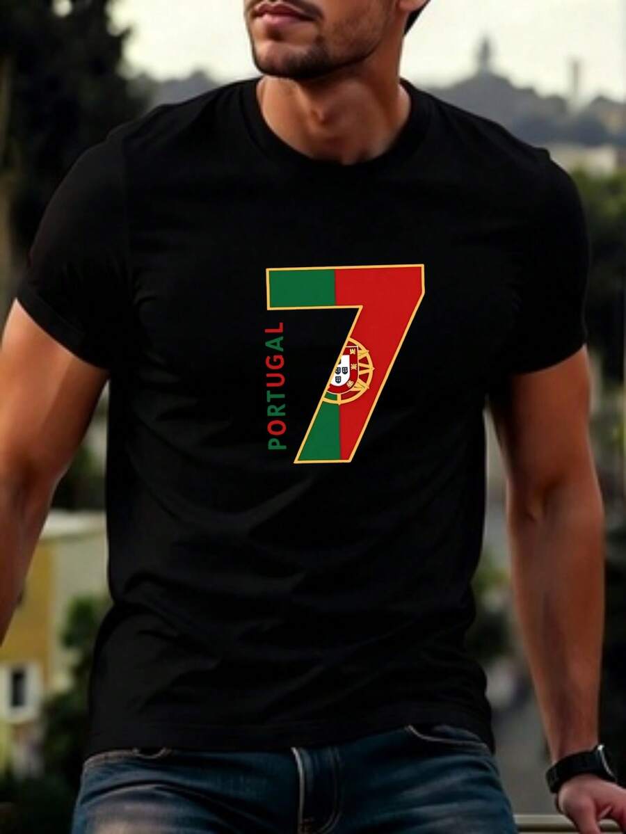 Men's Portugal No. 7 Jersey T-Shirt - Portuguese Flag & National Emblem Print, Soccer Fan Apparel Suitable for Training, Stadium Outings, Casual Wear - Machine Washable Round Neck Tee for, Gifts for Portuguese Supporters - nero - Visualizzare 1