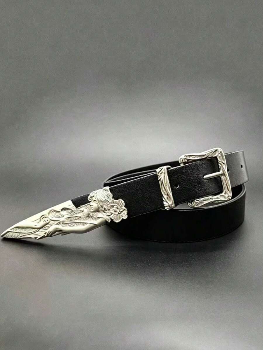 Vintage Metal Carved Belt, Suitable For Jeans, Black Leather Design Unisex Belt - Black - View 1