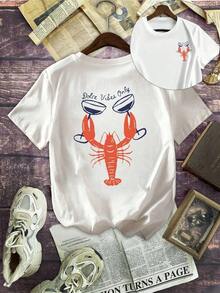 Women's Short-Sleeved T-Shirt With Round Neck, Double-Sided Lobster Print, For Daily Use, White Tops. - White - View 1
