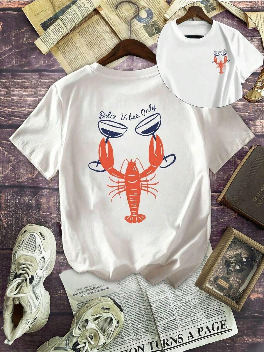 Women's Short-Sleeved T-Shirt With Round Neck, Double-Sided Lobster Print, For Daily Use, White Tops. - White - View 1