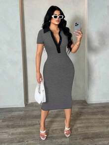 Vestido polo de manga corta a rayas blanco y negro de estilo minimalista y casual para ir al trabajo, vestido de punto de media longitud con ajuste ceñido y gran elasticidad, vestido elegante francés - Multicolor 2 - Ver 10