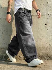 1 pièce Jeans vintage délavé à coupe ample et jambe large pour hommes, sans stretch, convient pour le casual et le travail - Gris foncé - Voir 1