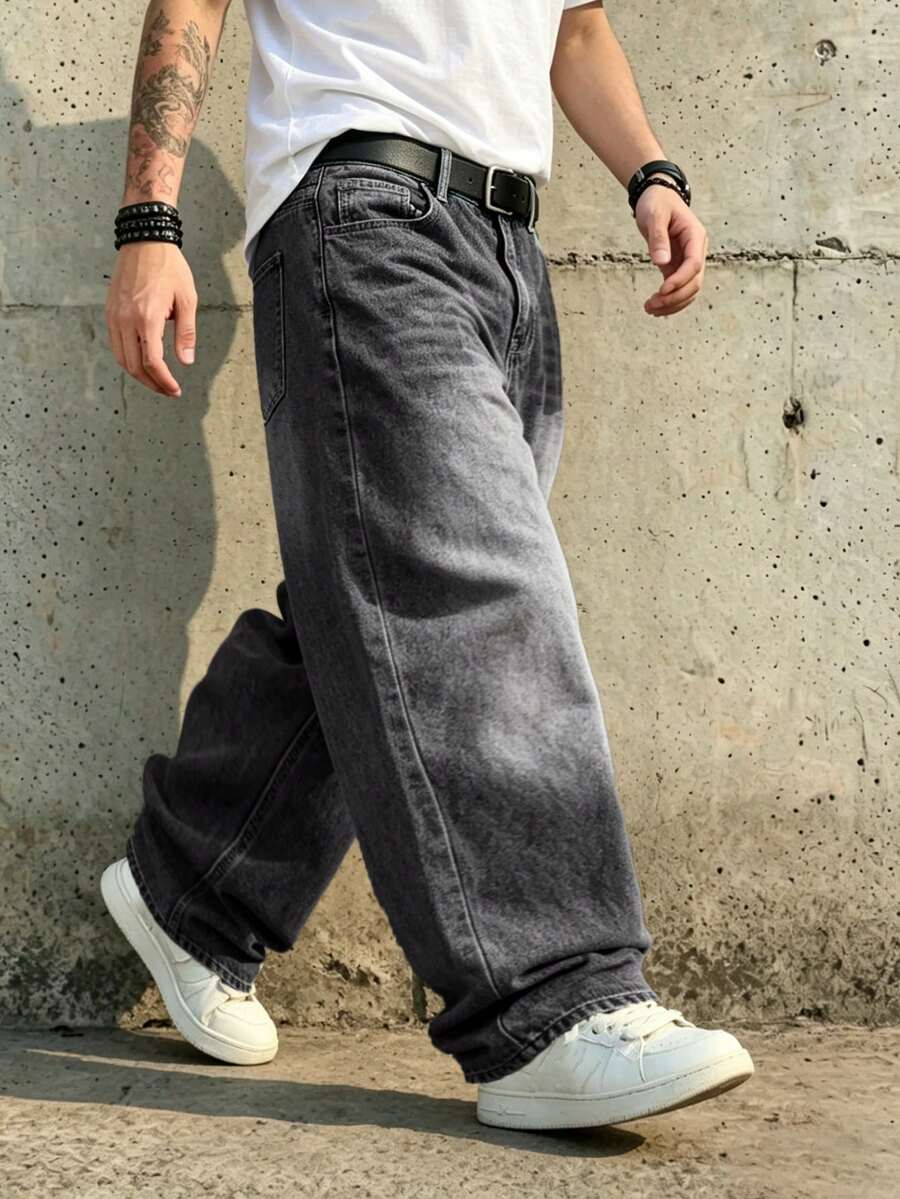 1 pièce Jeans vintage délavé à coupe ample et jambe large pour hommes, sans stretch, convient pour le casual et le travail - Gris foncé - Voir 1