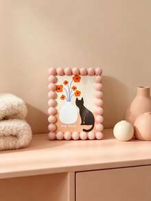 1pc Cute Beaded Photo Frame, Round Ball Edge Picture Frame, Plastic Tabletop Photo Holder, Pastel Color Aesthetic Desk Decor, Cat & Flower Print Art Frame, Boho Home Decor For Bedroom Living Room Office, Multi-Color Available - A - View 2