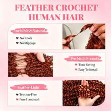 GABRIELLE Burmese Curly Feather Hair Extensions Human Hair Reddish Brown Pre-Separated Invisible Miracle Knots Feather Crochet Human Hair Extensions 33# Colored 50 Strands Invisible Miracle Knots Crochet Hair Extensions For Women - Reddish Brown - View 5