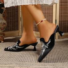 Vintage Chinese Style Embroidered Mules, Retro Satin Embroidered Pointed Toe High Heel Sandals - Black - View 4
