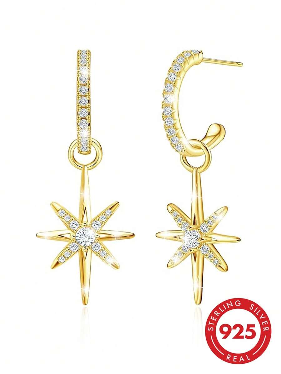 925 Sterling Silver Earrings, Fashionable Earrings, Delicate Minimalist Earrings, Star Shaped Earrings, Cubic Zirconia Earrings, Suitable For Daily Wear, Birthday Gift - Yellow Gold - View 1