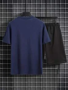 Simple Studio | Men's Summer Minimalist Crew Neck Short Sleeve Casual T-Shirt And Drawstring Waist Shorts Set - Navy Blue - View 3