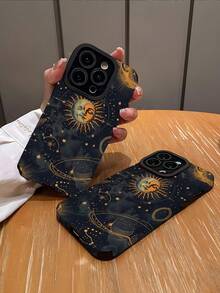 1pc Vintage Black Night Sun & Moon Pattern Vertical Faux Leather Texture Anti-Fall Anti-Fingerprint Shockproof Phone Case - Multicolor - View 2