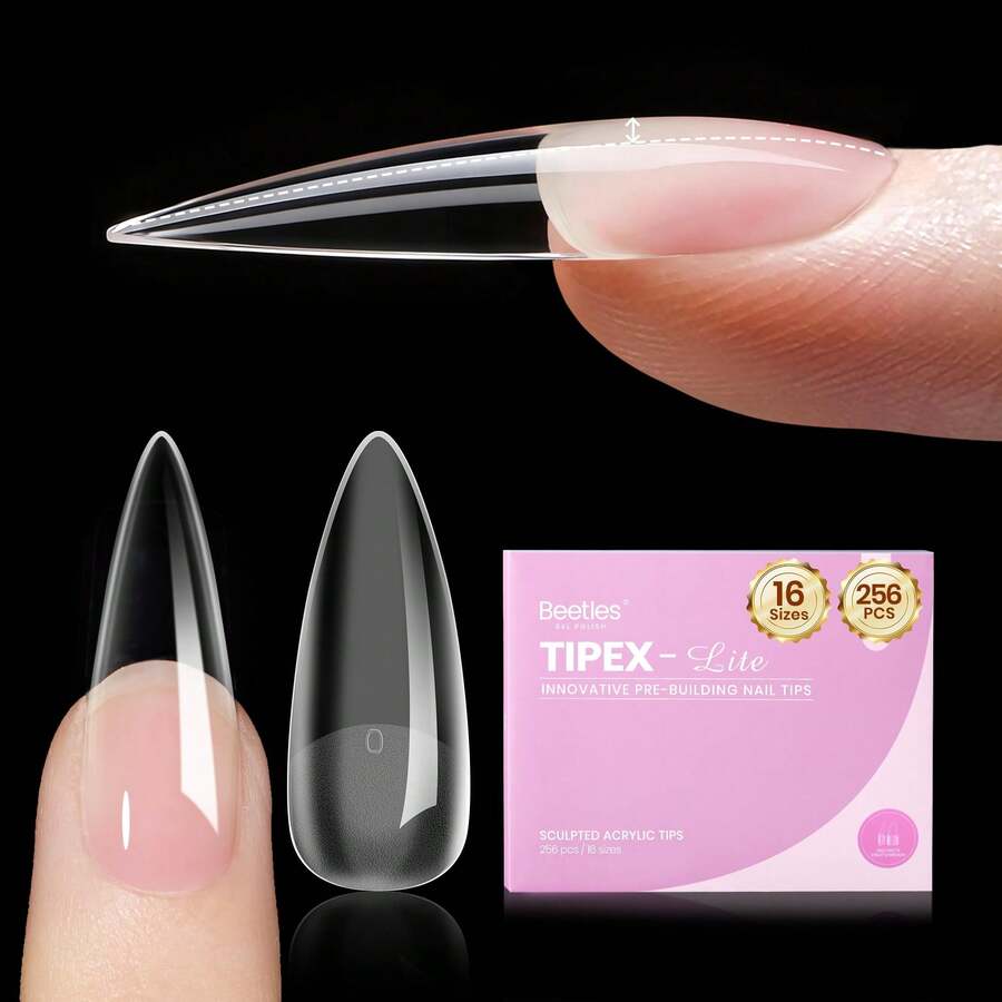 Beetles 256Pcs 16 Sizes Tipex Lite Pre-Built Instant Apex Nail Tips, Long Stiletto 00-14, Flat Nail Friendly Acrylic Tips, Natural Nail Beds Beginner DIY Nail Extensions - Tipex Lite-Stiletto Long 256pcs - 查看 1