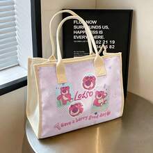 Miniso 玩具總動員 Lotso 托特包 - "Have A Berry Good Day" 印花帆布單肩包，大容量手提包，適用於工作、上學、旅行 & 購物 - 白色 - 查看 7