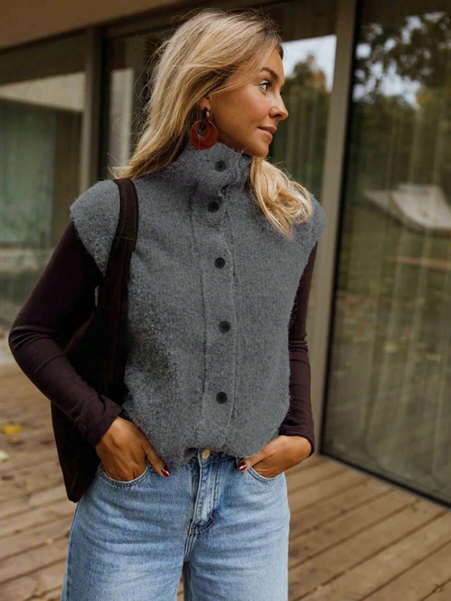 Women's High Neck Knit Vest, Button Detail Design, Regular Length, Medium Stretch, Suitable For Autumn And Winter Wear Fall