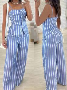 Set de 2 piezas con chaleco sin mangas abotonado elegante y casual, y pantalones rectos de pierna - Azul - Ver 5