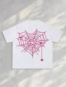 Pink Spiderweb And Hearts Graphic T-Shirt, Comfortable And Casual Short Sleeve, 220 Gram Cotton Printed T-Shirt, Halloween - 白色 - 查看 1