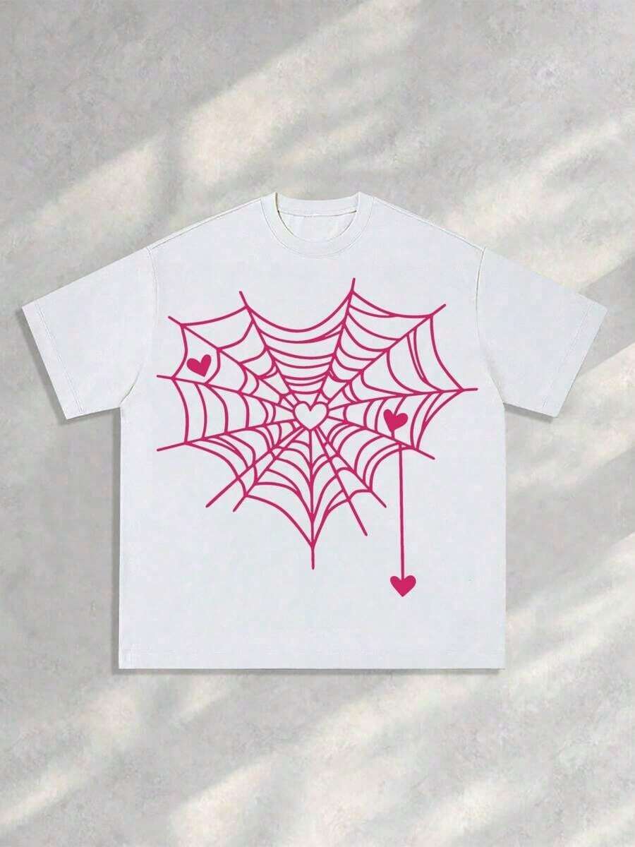 Pink Spiderweb And Hearts Graphic T-Shirt, Comfortable And Casual Short Sleeve, 220 Gram Cotton Printed T-Shirt, Halloween - 白色 - 查看 1