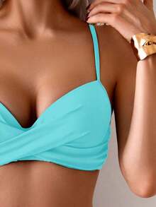 Conjunto de 2 piezas de bikini de verano unicolor elegante estilo bohemio con tirantes finos dulce traje de baño para playa vacaciones negro - verde menta - Ver 4