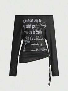 Avant Blusa transparente de manga larga con hombros descubiertos, estampado de letra cruzada, estilo retro Y2K, romántico y punk para mujer - Negro - Ver 1