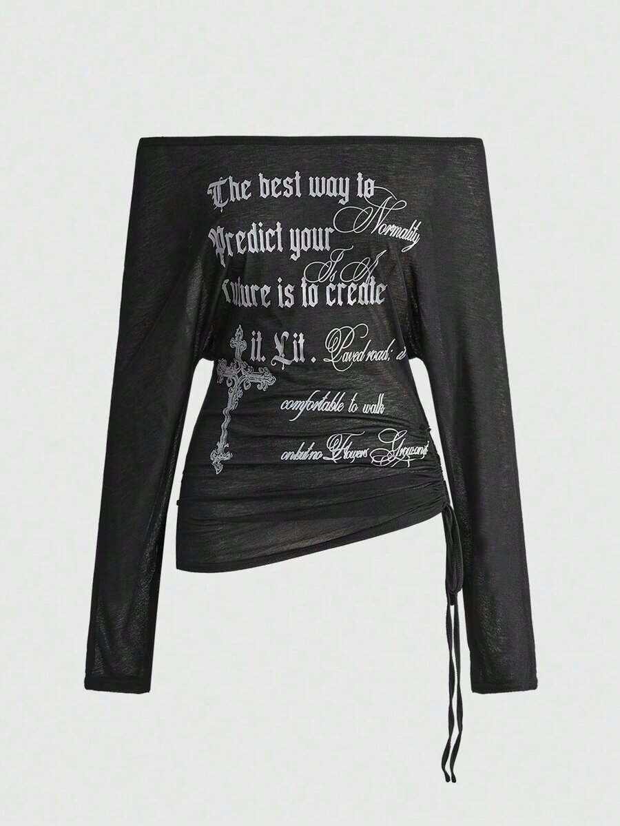 Avant Blusa transparente de manga larga con hombros descubiertos, estampado de letra cruzada, estilo retro Y2K, romántico y punk para mujer - Negro - Ver 1
