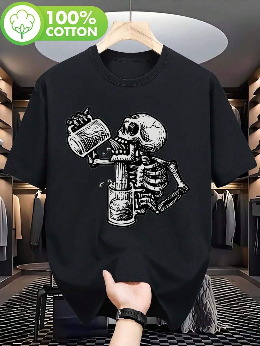 Men's Retro Skull Print T-Shirt - Casual Short Sleeve Cotton Summer Shirt - Comfortable Fit, Crew Neck, Machine Washable - Breathable For Outdoor Activities And Gym, Ideal For Workouts And Everyday Wear - Spring, Summer, And Autumn Essential - 黑色 - 查看 1