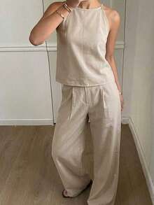Women's 2-Piece Set Of Striped Spaghetti Strap Top And Casual Summer Pants, Loungewear Set - 軍綠色 - 查看 5
