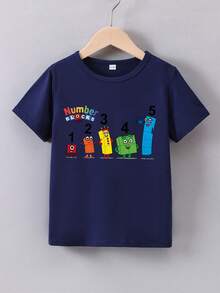 Camiseta de verano de manga corta para niño con estampado de "figura de número de bloque de dibujos animados" - Blanco - Ver 6
