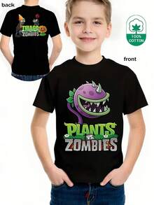 Casual Crew Neck T-Shirt, Sheer Short Sleeve T-Shirt With  Pattern, Minimalist Casual Style, Venus Trap And Tyrannosaurus Rex Flower Print T-Shirt Top, Machine Washable, Small, Medium And Large For Spring, Summer, Autumn And Clothing For Ages 3 To 12 Years - 黑色 - 查看 6