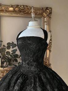 Lovelzi Vestido elegante, romántico y de moda de tela jacquard burdeos con escote halter, espalda descubierta y manga larga en corte evasé, adecuado para ceremonia de graduación, apertura de escuela, festival de música, fiesta de cumpleaños, boda, té de la tarde, baile de graduación - Negro - Ver 6