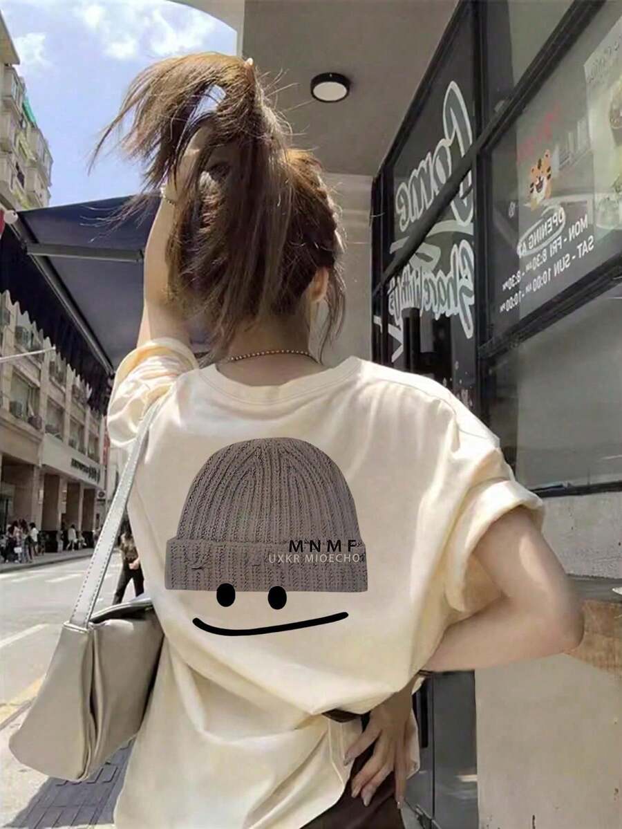 [ 100% Cotton ] Recommended New Products For Summer 2026: Lace Logo T-Shirt, Summer Dress, Women's Fashion T-Shirt, Short Sleeve Office Casual 200g Cotton Cartoon Character Printed Loose White Top, Y2K Women's Top, Spring Dress Top - Apricot - View 1