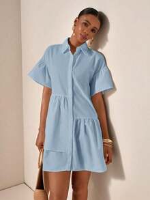 bfdbZivah Vestido de vacaciones de manga corta con volantes en el bajo y botones delanteros de unicolor, para veranosfb x WBBE - Celeste 3 - Ver 3