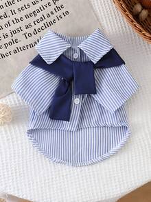 Striped Shirt With Detachable Solid Color Scarf For Cats And Dogs, Suitable For Daily Wear - Blue - View 10