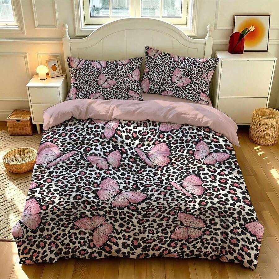 Pink Girly Butterfly Leopard Print Bedding Set 3pcs: 1 Duvet Cover + 2 Pillowcases (No Filling), HD Dyed, 100% Polyester, Soft, Zip, Washable XL, Home/Travel
