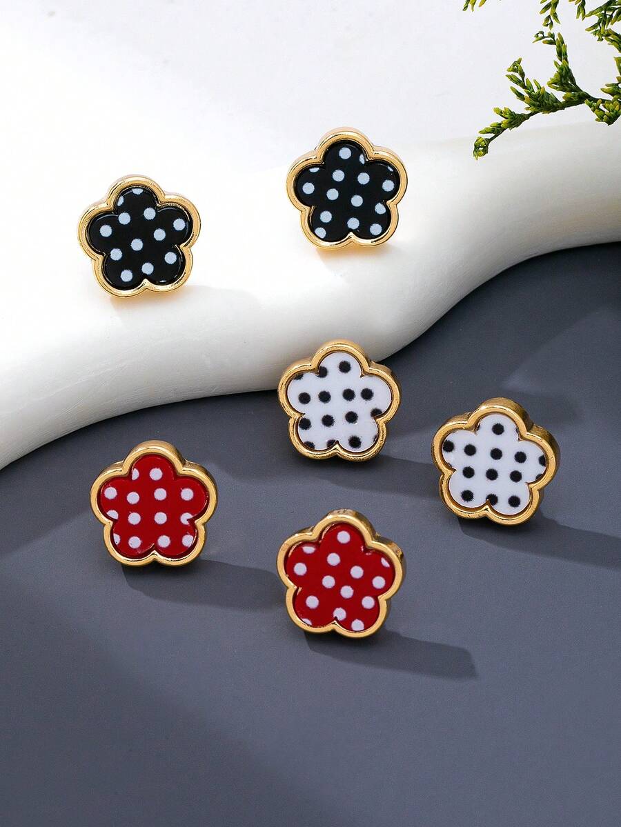 3 paires/1 paire de boucles d'oreilles trèfle à pois noir blanc rouge en alliage de zinc & acrylique, mode, convient pour le port quotidien, esthétique - Multicolore - Voir 1