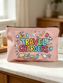 印有「Travel Charger」文字與充電器圖案的便攜收納袋,充電器整理袋,旅行必備化妝袋:女孩旅行生存袋,中性拉鍊袋,化妝品、彩妝與輕便旅行必需品,適合青少年、生日與旅行配件,節日禮物 - 彩色 - 查看 9