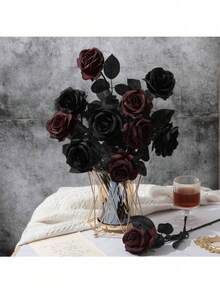10 piezas Ramo de rosas artificiales con tallo negro, flores falsas, adecuado para el Día de San Valentín, jarrón de mesa de boda, decoración interior del hogar, cocina, decoración DIY estilo vampiro para fiestas - Multicolor - Ver 4