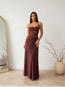 Womens Summer Halter Dress A Line Stylish Ruched Solid Color Sleeveless Backless Long Dress - Marrón - Ver 1