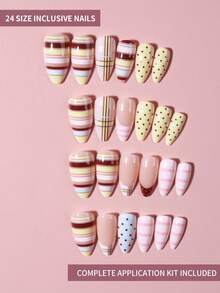 Bộ 24 miếng dán móng tay hình hạnh nhân, màu macaron, kẻ sọc và chấm bi, vừa khít hoàn hảo. Bộ sản phẩm bao gồm: 1 gel dán và 1 dũa móng tay. Nghệ thuật làm móng mùa hè, phù hợp cho phụ nữ và các cô gái sử dụng hàng ngày khi đi làm và dự tiệc. - Nhiều màu - Xem 3