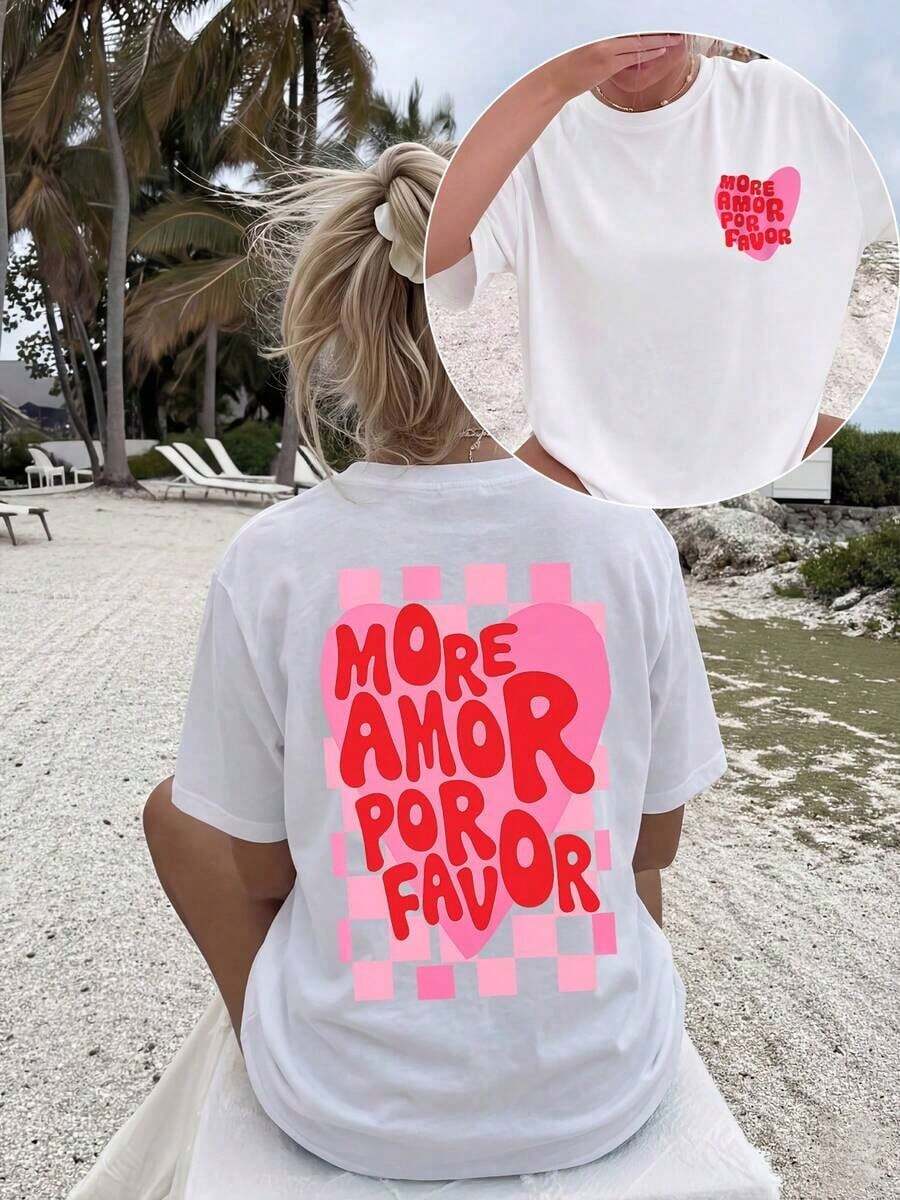 2026 Fashion ,1PC,Vintage More Amor Por Favor Checkered Heart Loose-Fit Women's-Shirt, Summer Beach Vacation Style Aesthetic Double-Sided Print Short- - 白色 - 查看 1