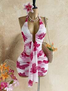 Vestido mini con estampado floral, diseño de lazo y escote halter, para vacaciones - Multicolor 5 - Ver 4