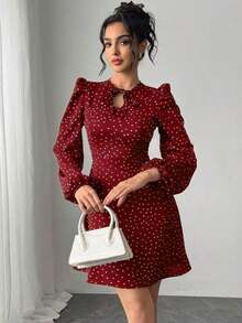 MEXChiquease Vestido de manga larga con cintura ajustada, estampado de lunares y lazo, elegante para mujer, primavera/otoñoMEX 4HMH - Burdeos - Ver 6