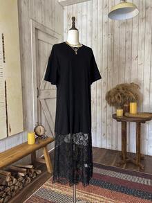 MEXWildy Vestido casual de cuello redondo de manga corta, unicolor, holgado, con encaje, adecuado para salidas y atuendo de aeropuerto, vestido de dinero viejo, vestido para salir, atuendo de maestra, vestidos elegantes para mujeresMEX BCNU - Negro - Ver 6