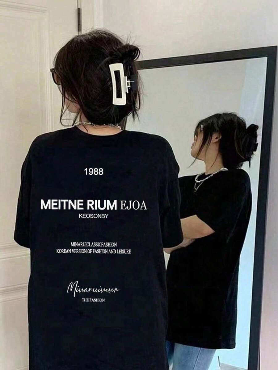 [ 100% Cotton ] Recommended New Products For Summer 2026: Lace Logo T-Shirt, Summer Dress, Women's Fashion T-Shirt, Short Sleeve Office Casual 200g Cotton Cartoon Character Printed Loose White Top, Y2K Women's Top, Spring Dress Top - Black - View 1