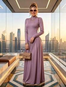 Long-Sleeved Maxi Dress In Stretchy And Comfortable Fabric. - 紫丁香色 - 查看 2