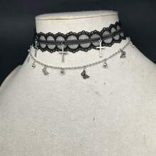 1pc Lace Butterfly Cross Tassel Necklace, Gothic Unique Design Choker Necklace For Women - Black - View 5