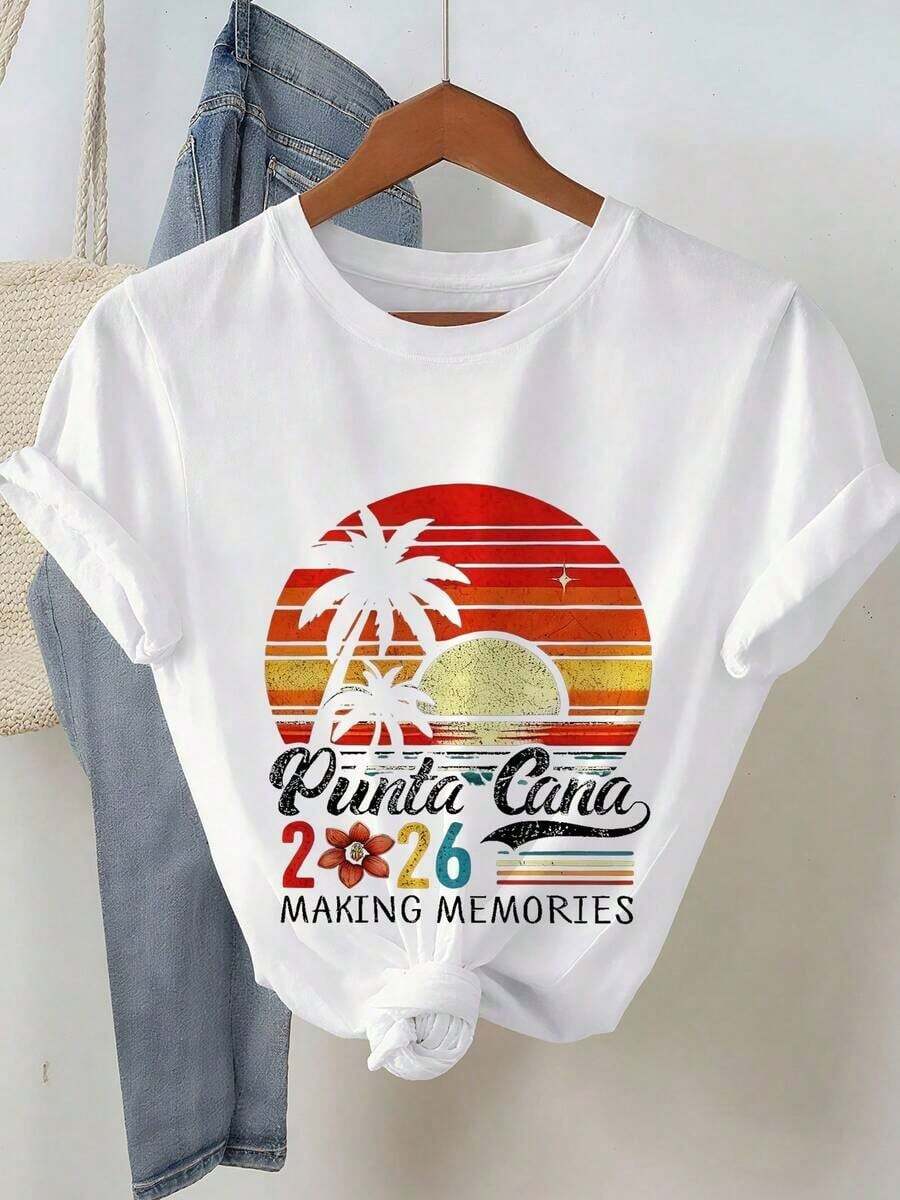 Punta Cana 2026 MAKING MEMORIES Letter Print T-Shirt, Short Sleeve, Round Neck, Casual Top For Summer And Spring, Women's Clothing - 白色 - 查看 1