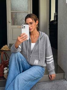 Cárdigan con capucha y cremallera de estilo casual para mujer, top de punto de estilo Y2K, adecuado para citas, uso diario, primavera, vacaciones, fiestas de estudiantes - Gris Claro - Ver 3